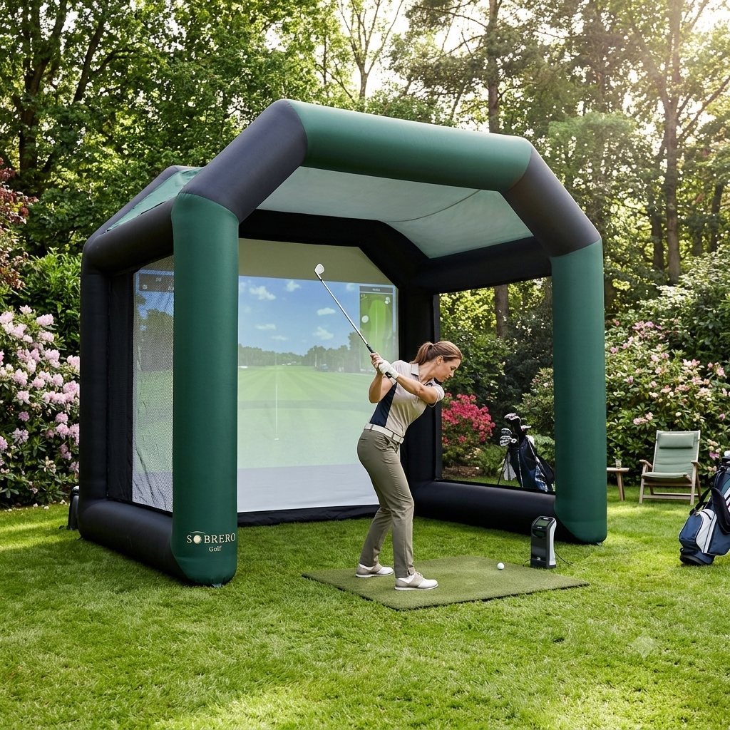 Estrutura Sobrero montada num jardim, com uma jogadora em swing e o simulador em funcionamento